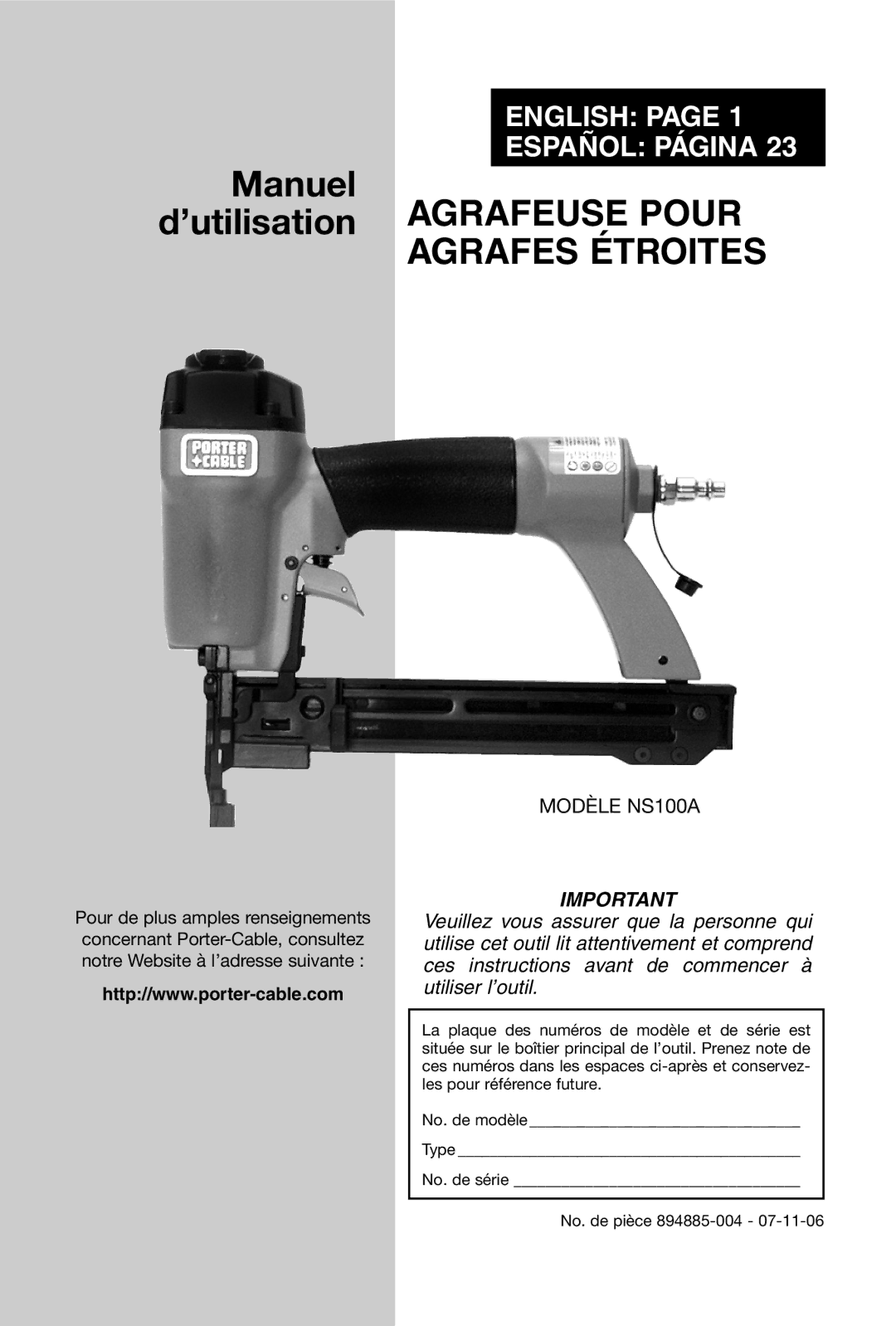 Porter-Cable NS100A instruction manual Manuel ’utilisation Agrafeuse Pour Agrafes Étroites 