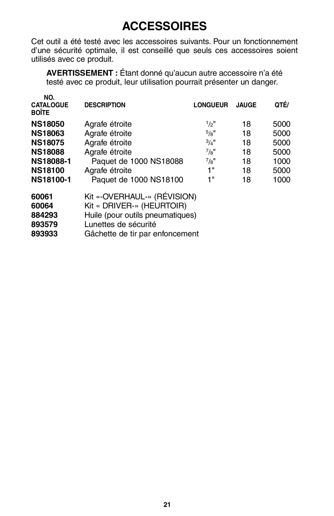 Porter-Cable NS100A instruction manual Accessoires 