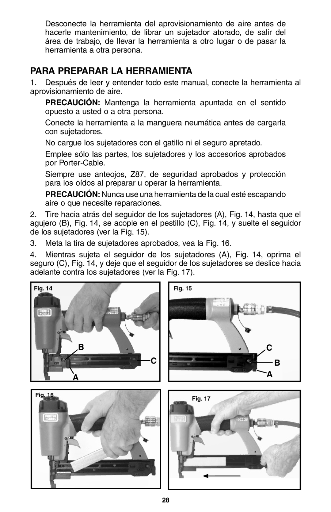 Porter-Cable NS100A instruction manual Para Preparar LA Herramienta 