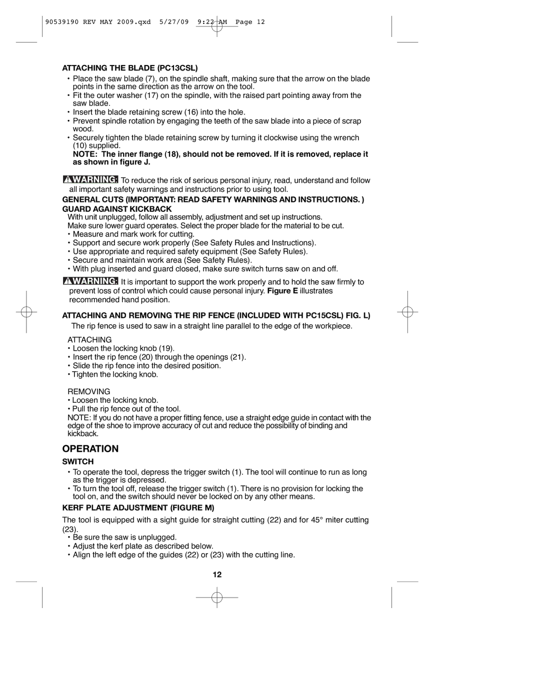 Porter-Cable PC15CLS instruction manual Operation, Attaching the Blade PC13CSL, Switch, Kerf Plate Adjustment Figure M 