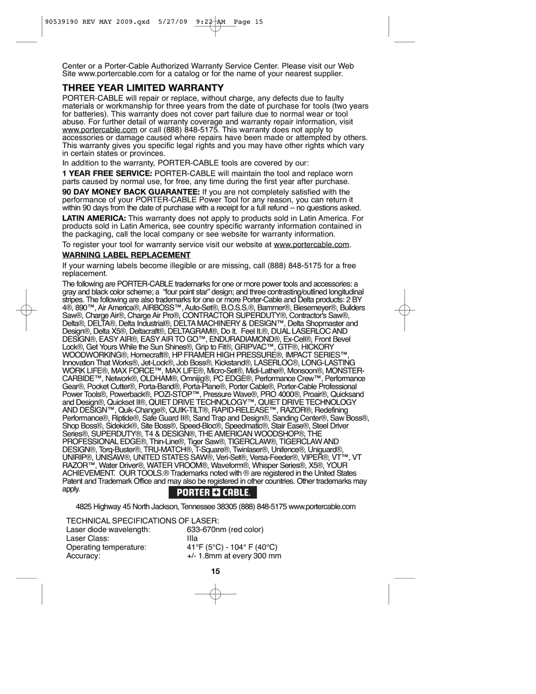 Porter-Cable PC15CLS, PC13CSL instruction manual Three Year Limited Warranty, Technical Specifications of Laser 