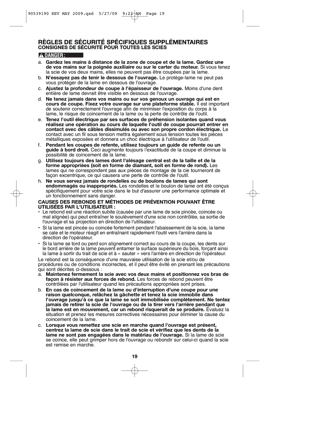 Porter-Cable PC15CLS, PC13CSL Règles DE Sécurité Spécifiques Supplémentaires, Consignes DE Sécurité Pour Toutes LES Scies 