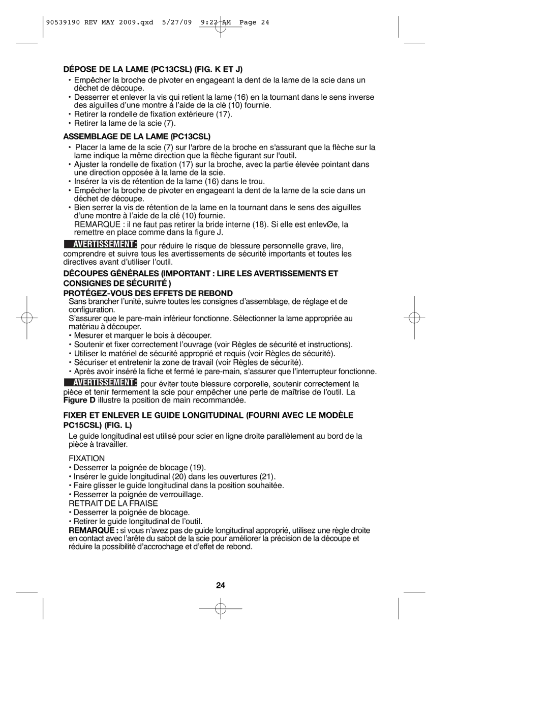 Porter-Cable Dépose DE LA Lame PC13CSL FIG. K ET J, Assemblage DE LA Lame PC13CSL, Fixation, Retrait DE LA Fraise 