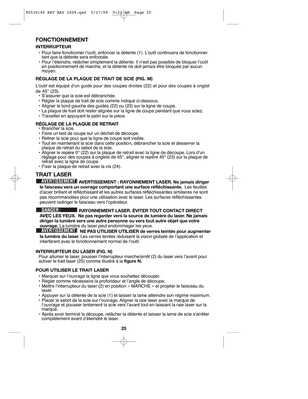 Porter-Cable PC15CLS, PC13CSL instruction manual Fonctionnement, Trait Laser 