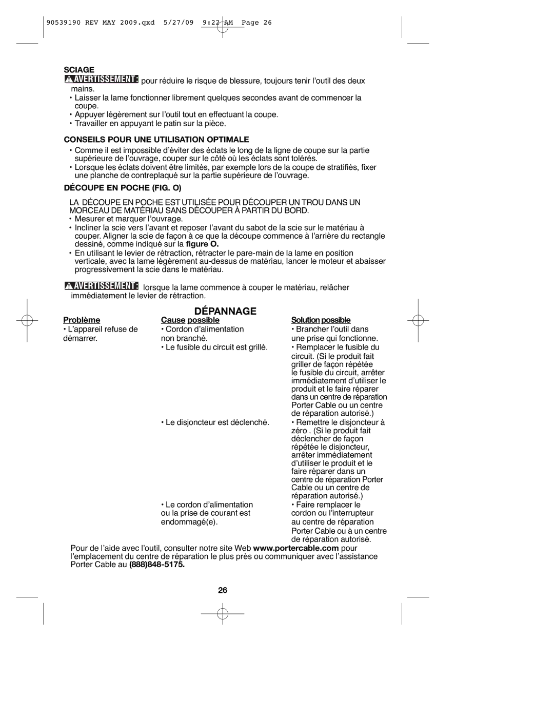 Porter-Cable PC13CSL, PC15CLS Dépannage, Sciage, Conseils Pour UNE Utilisation Optimale, Découpe EN Poche FIG. O 