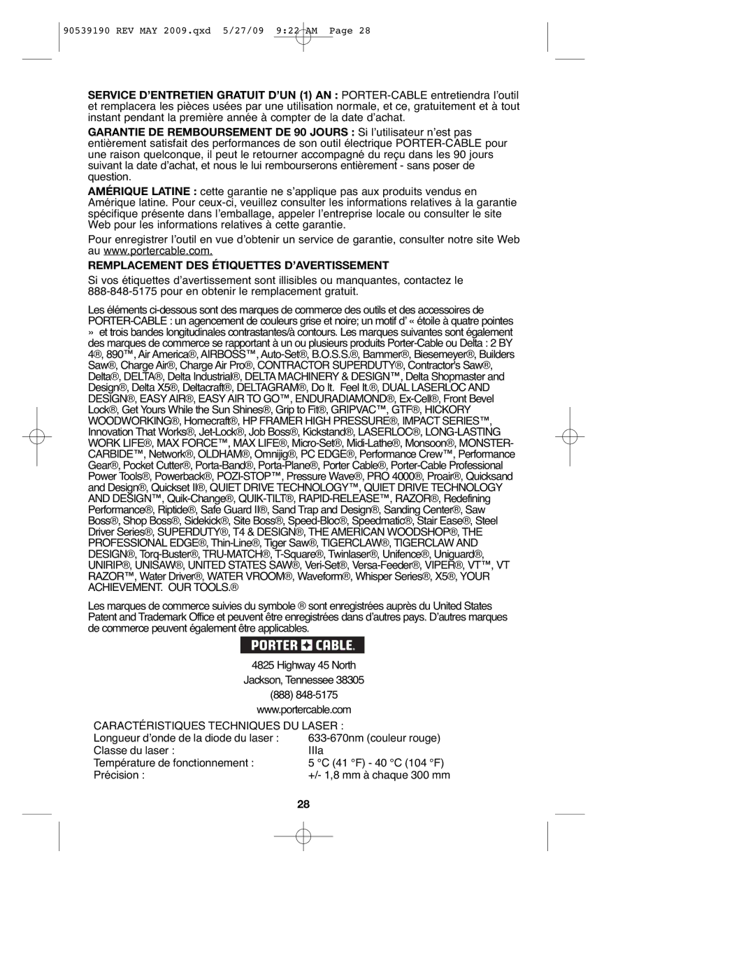 Porter-Cable PC13CSL, PC15CLS Remplacement DES Étiquettes D’AVERTISSEMENT, Caractéristiques Techniques DU Laser 