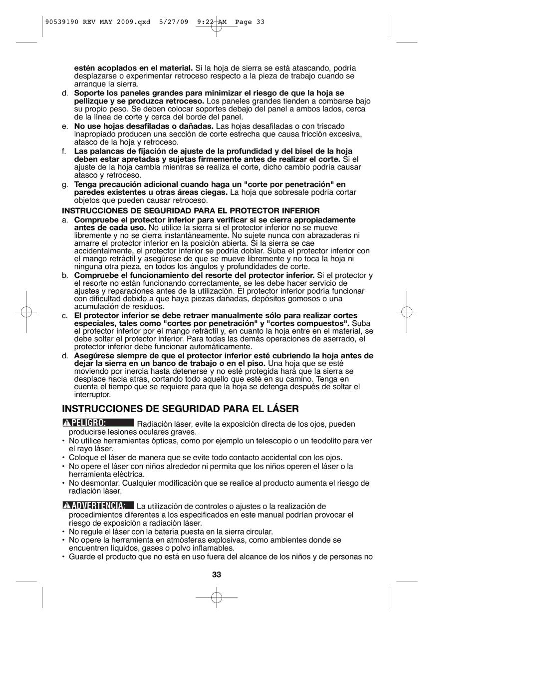 Porter-Cable PC15CLS Instrucciones DE Seguridad Para EL Láser, Instrucciones DE Seguridad Para EL Protector Inferior 