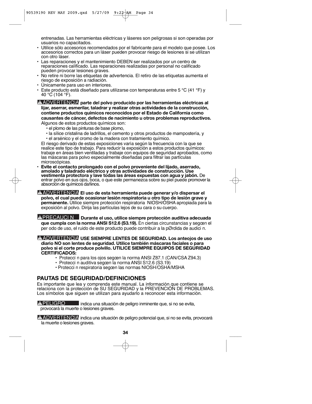 Porter-Cable PC13CSL, PC15CLS instruction manual Pautas DE SEGURIDAD/DEFINICIONES 