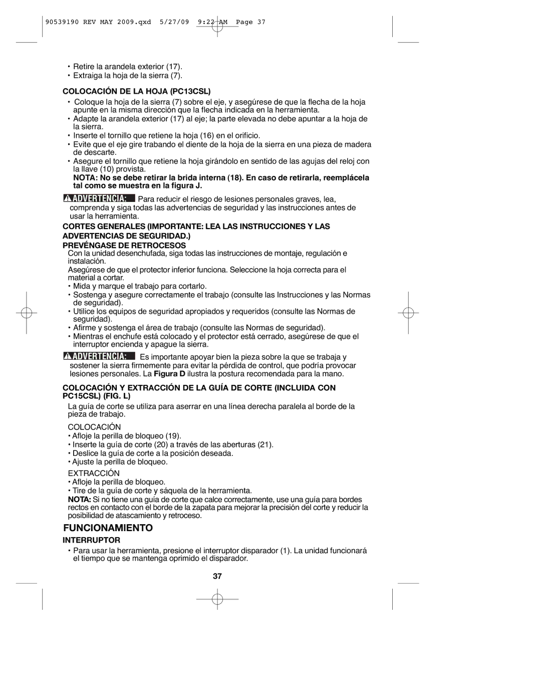 Porter-Cable PC15CLS instruction manual Funcionamiento, Colocación DE LA Hoja PC13CSL, Extracción, Interruptor 