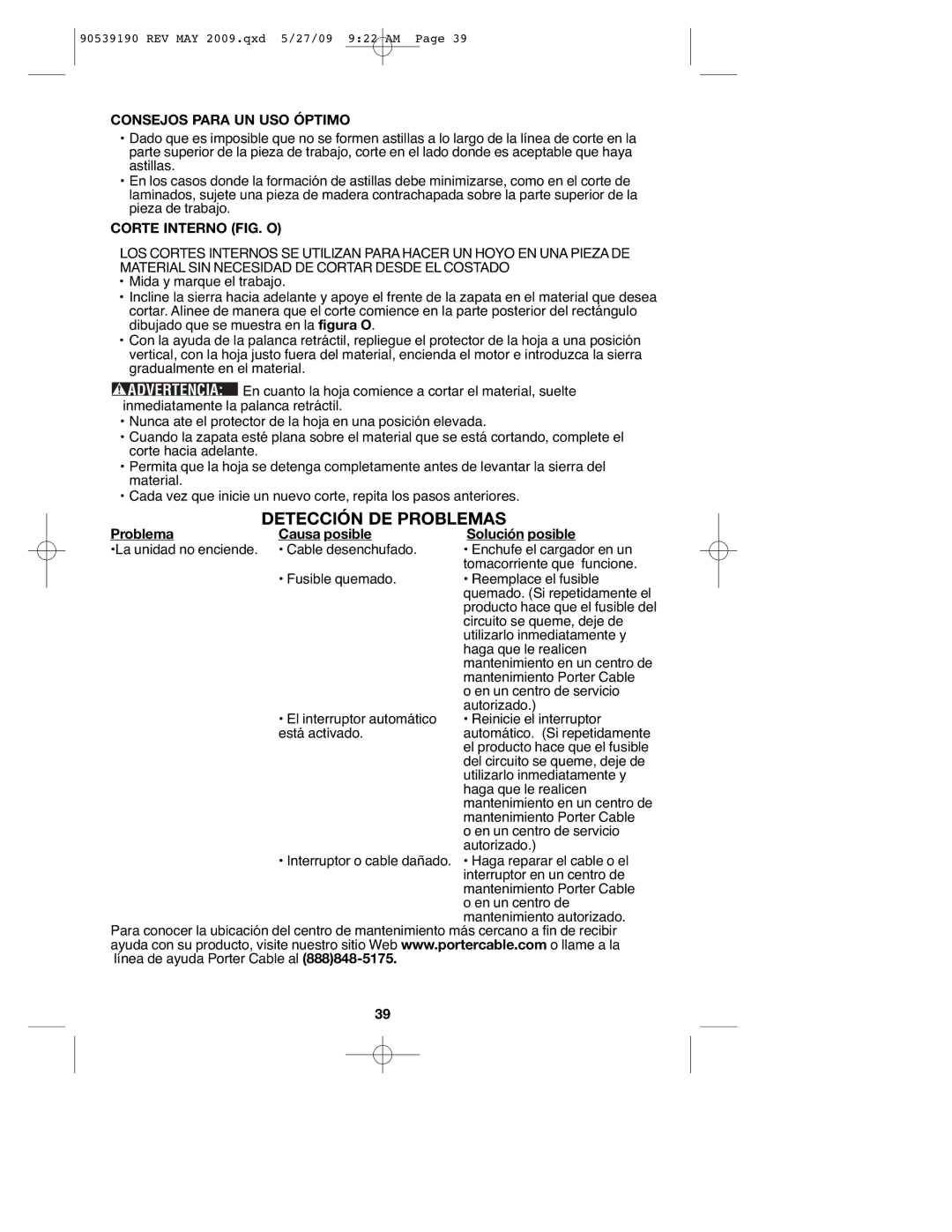 Porter-Cable PC15CLS, PC13CSL instruction manual Detección DE Problemas, Consejos Para UN USO Óptimo, Corte Interno FIG. O 