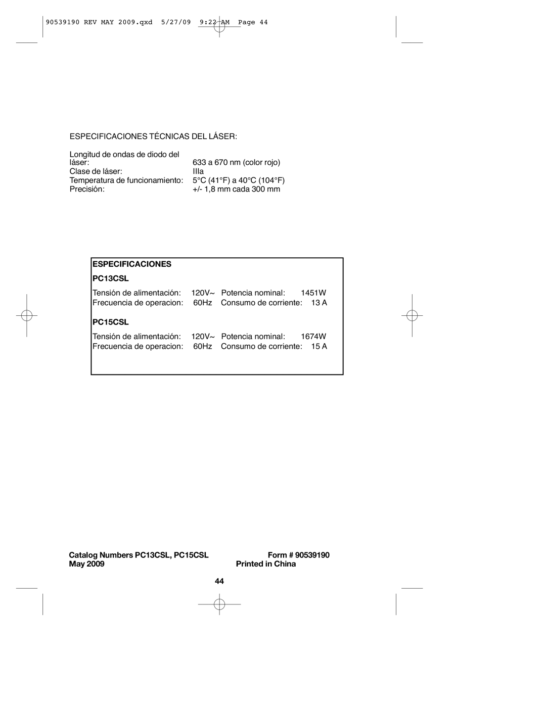 Porter-Cable PC15CLS instruction manual Especificaciones Técnicas DEL Láser, Especificaciones PC13CSL 