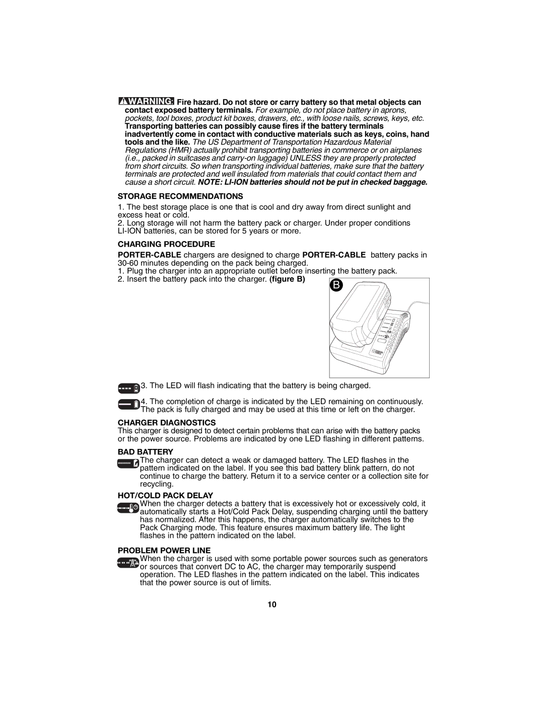 Porter-Cable PC1800AG Storage Recommendations, Charging Procedure, Charger Diagnostics, BAD Battery, HOT/COLD Pack Delay 