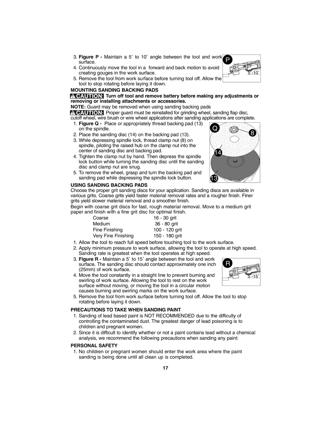 Porter-Cable PC1800AG Mounting Sanding Backing Pads, Using Sanding Backing Pads, Precautions to Take When Sanding Paint 