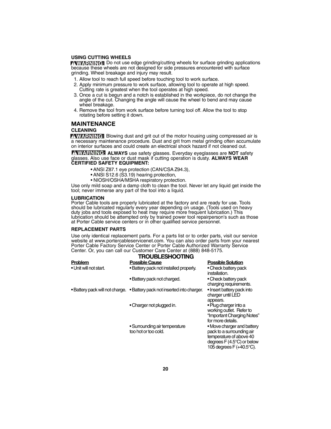 Porter-Cable PC1800AG instruction manual Maintenance, Troubleshooting 