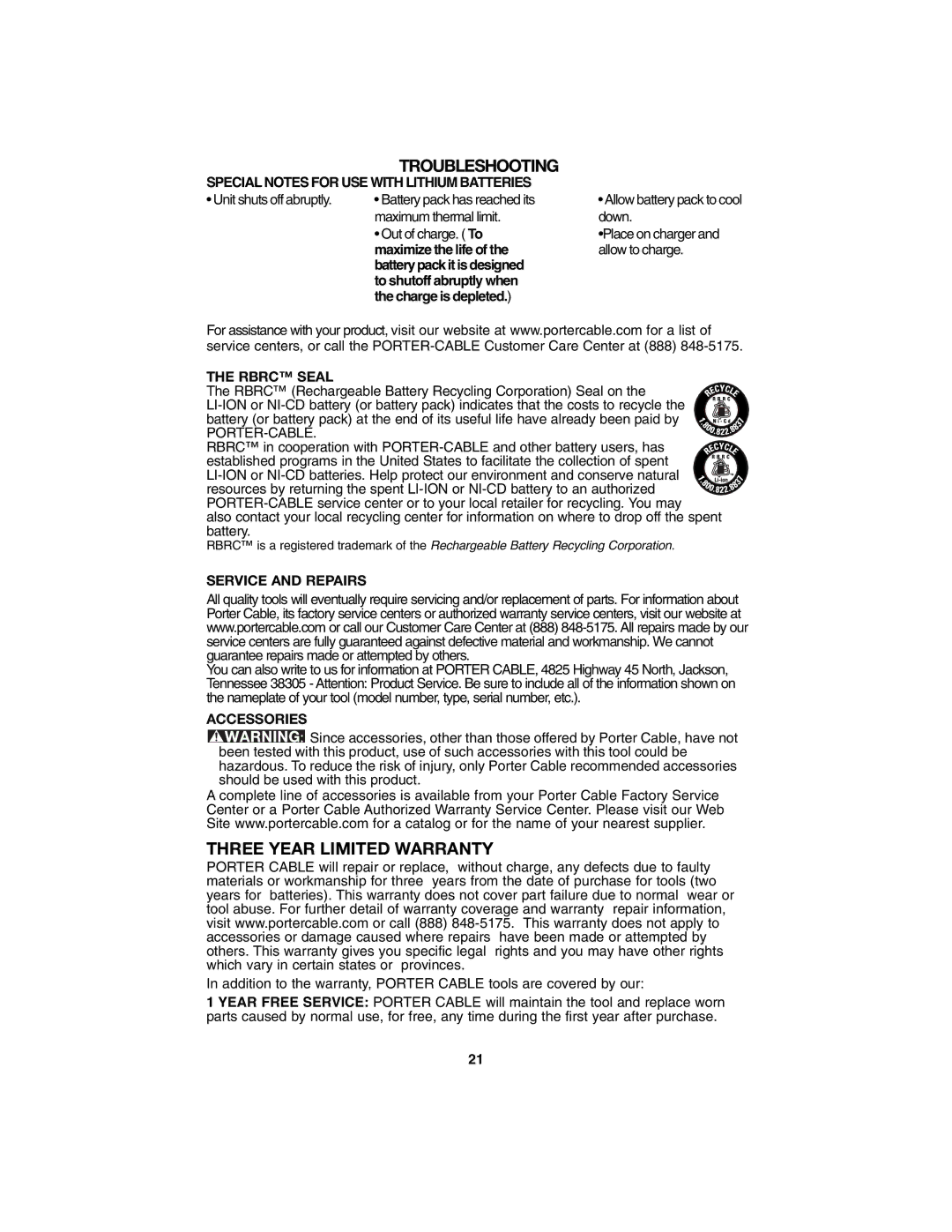 Porter-Cable PC1800AG Three Year Limited Warranty, Specialnotes for USE with Lithium Batteries, Rbrc Seal, Accessories 