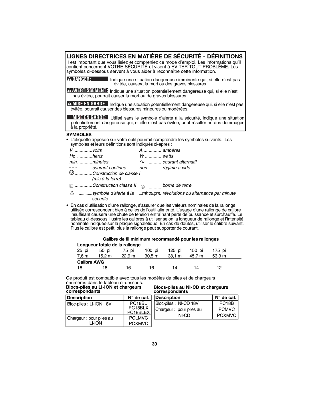 Porter-Cable PC1800AG instruction manual Lignes Directrices EN Matière DE Sécurité Définitions, Symboles 