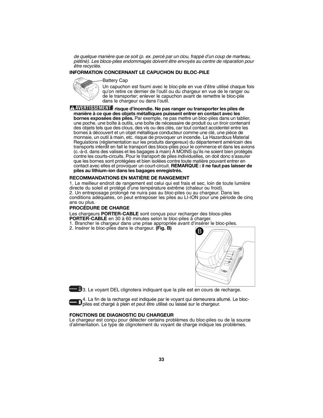 Porter-Cable PC1800AG Information Concernant LE Capuchon DU BLOC-PILE, Recommandations EN Matière DE Rangement 