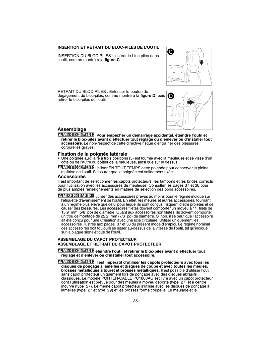 Porter-Cable PC1800AG instruction manual Assemblage, Insertion ET Retrait DU BLOC-PILES DE L’OUTIL 