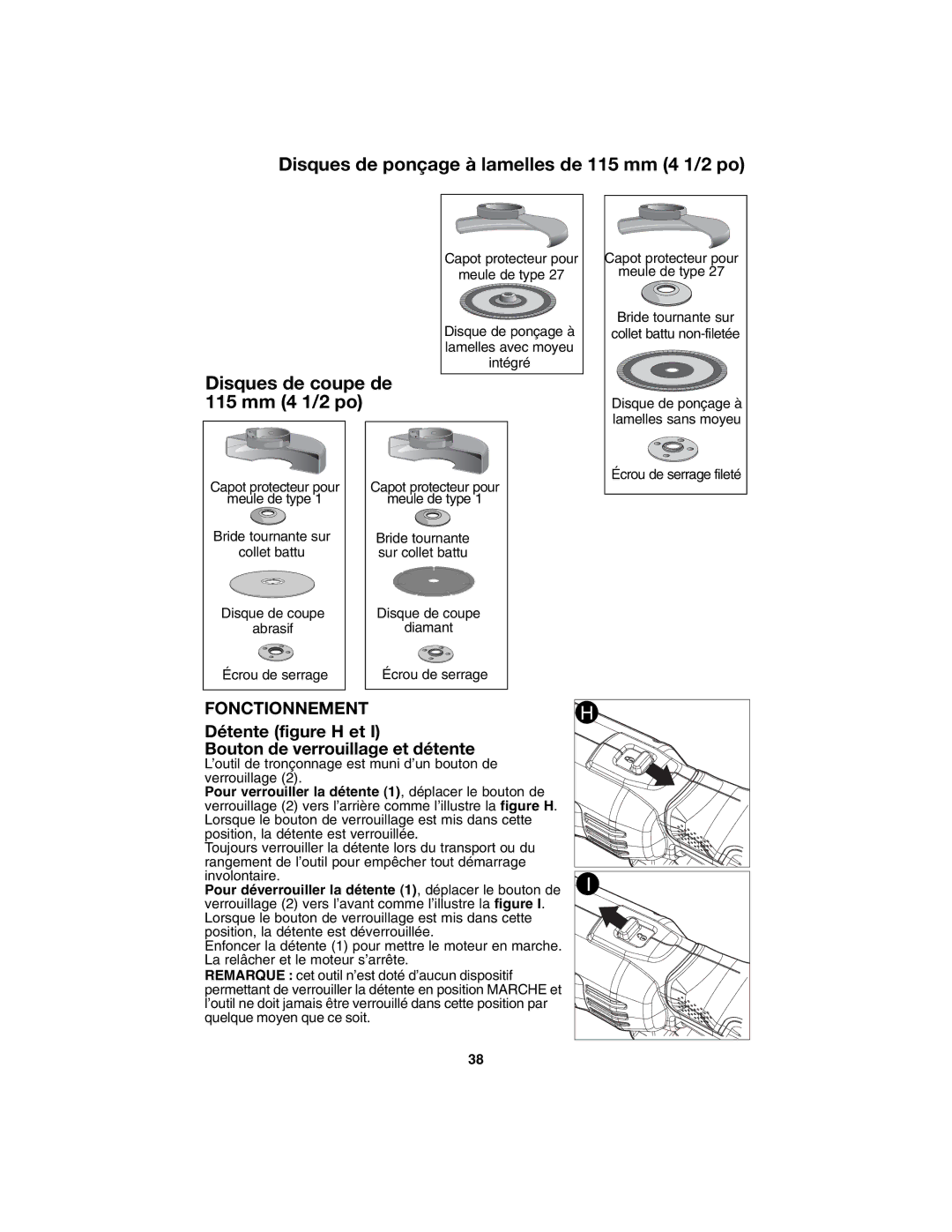 Porter-Cable PC1800AG instruction manual Disques de coupe de 115 mm 4 1/2 po, Fonctionnement 