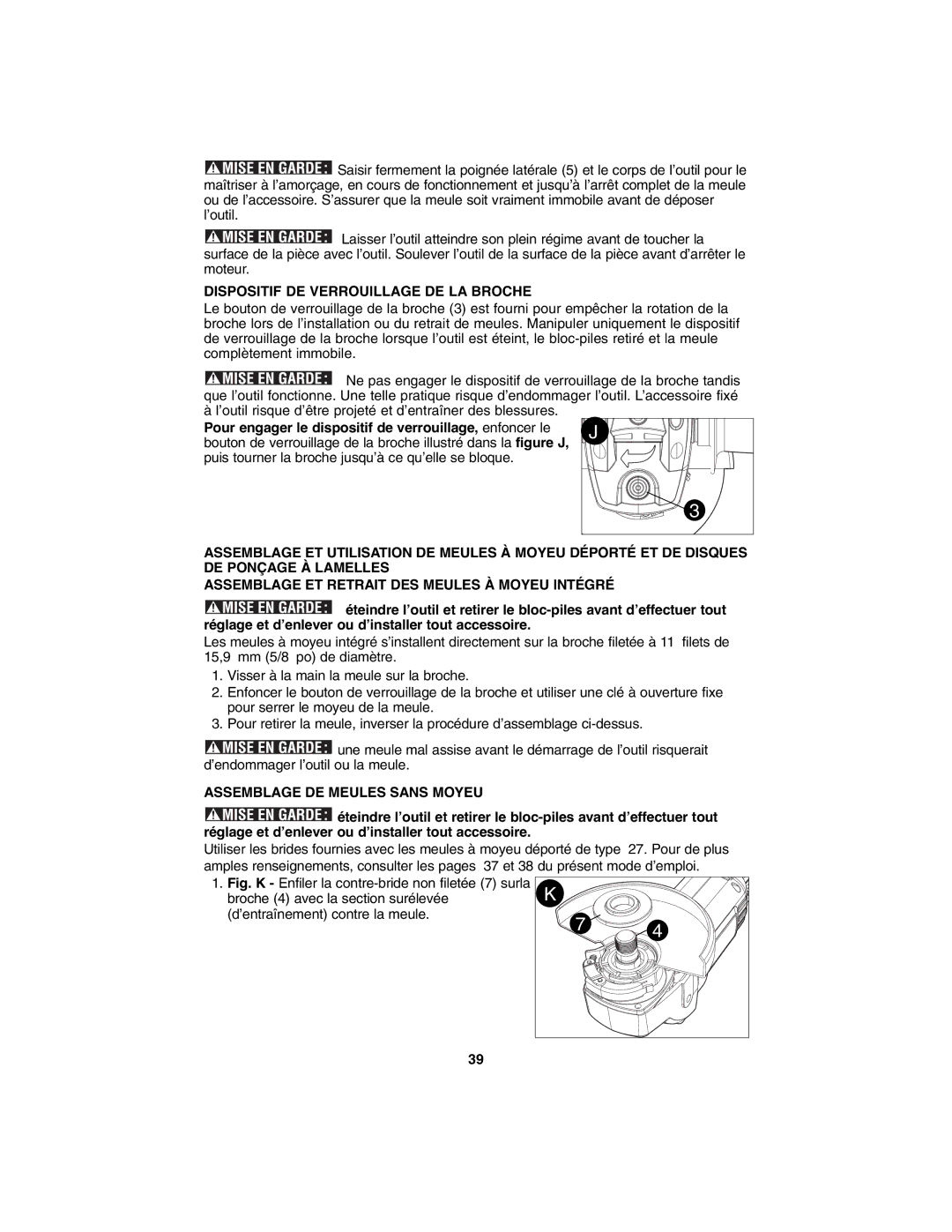 Porter-Cable PC1800AG instruction manual Dispositif DE Verrouillage DE LA Broche, Assemblage DE Meules Sans Moyeu 