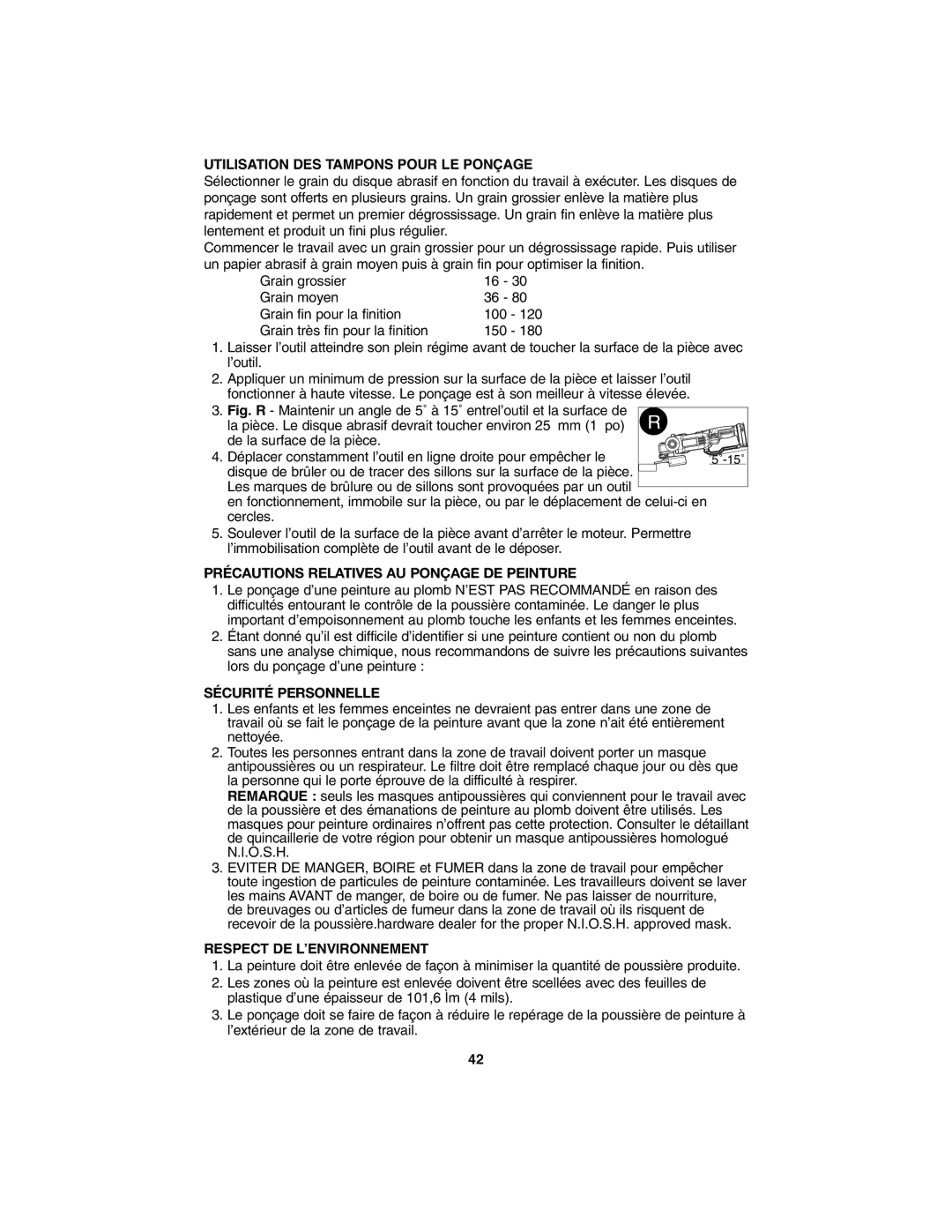 Porter-Cable PC1800AG Utilisation DES Tampons Pour LE Ponçage, Précautions Relatives AU Ponçage DE Peinture 