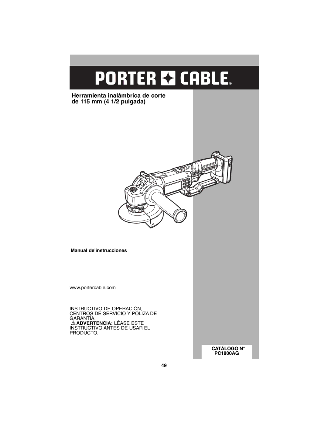 Porter-Cable PC1800AG instruction manual Herramienta inalámbrica de corte de 115 mm 4 1/2 pulgada, Catálogo N 