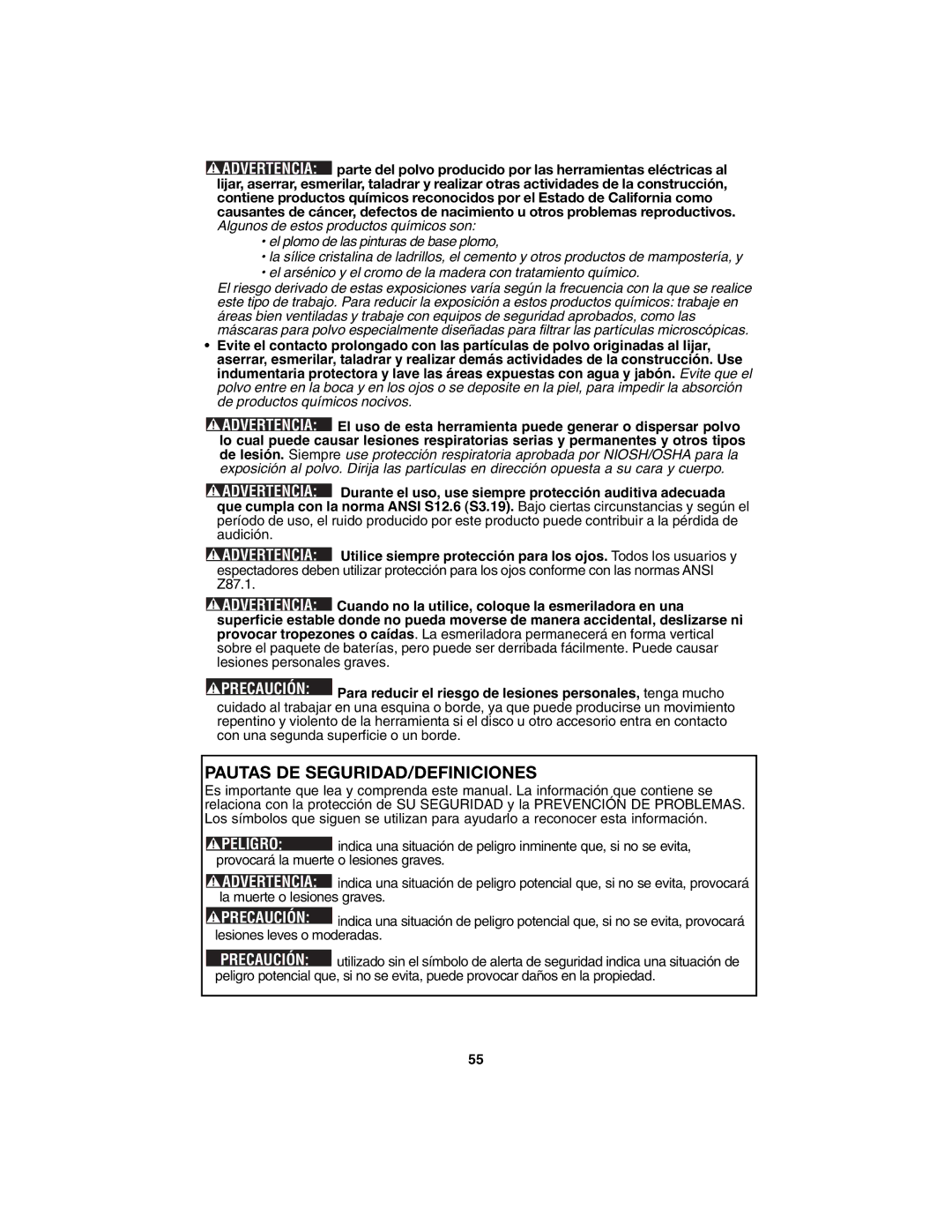 Porter-Cable PC1800AG instruction manual Pautas DE SEGURIDAD/DEFINICIONES, Peligro 