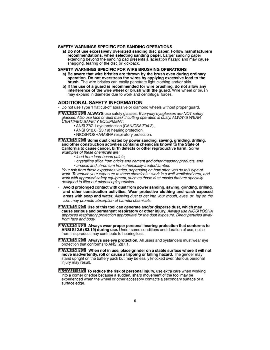 Porter-Cable PC1800AG instruction manual Additional Safety Information, Safety Warnings Specific for Sanding Operations 