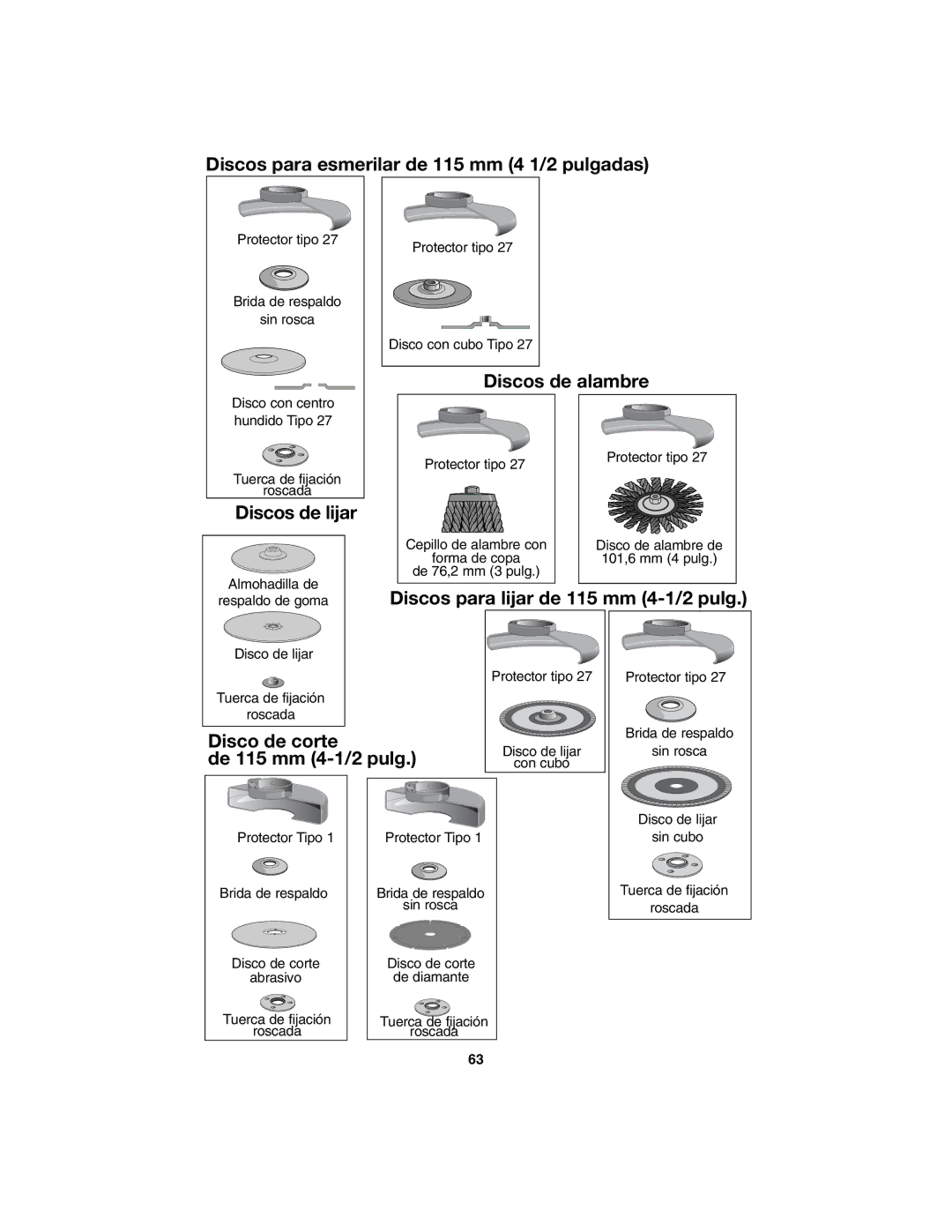 Porter-Cable PC1800AG instruction manual Discos para esmerilar de 115 mm 4 1/2 pulgadas 