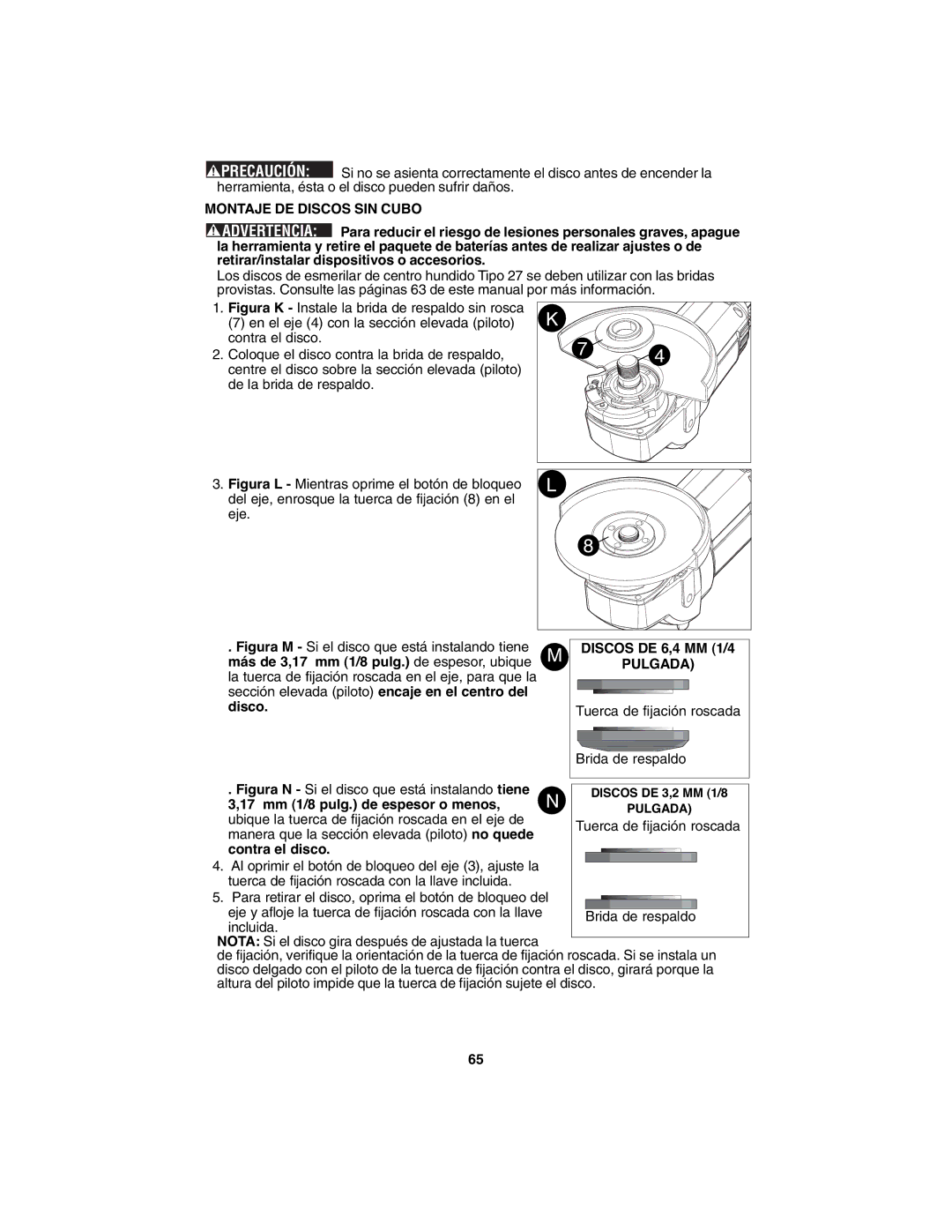 Porter-Cable PC1800AG instruction manual Montaje DE Discos SIN Cubo, Pulgada 