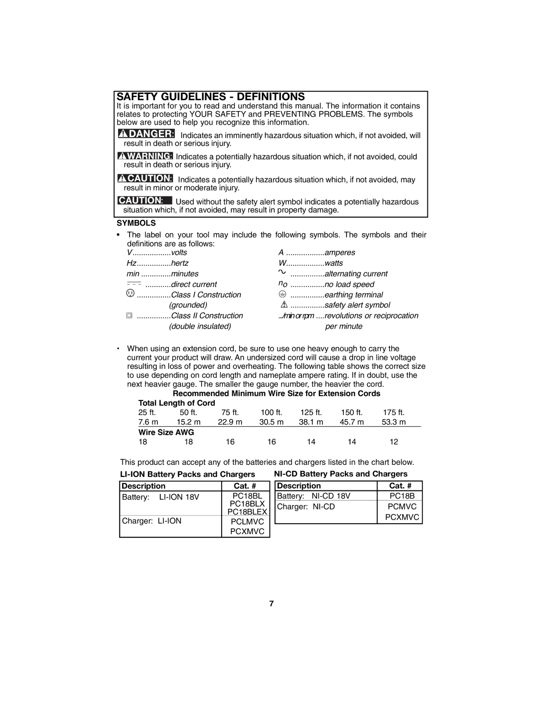 Porter-Cable PC1800AG instruction manual Safety Guidelines Definitions, Symbols 