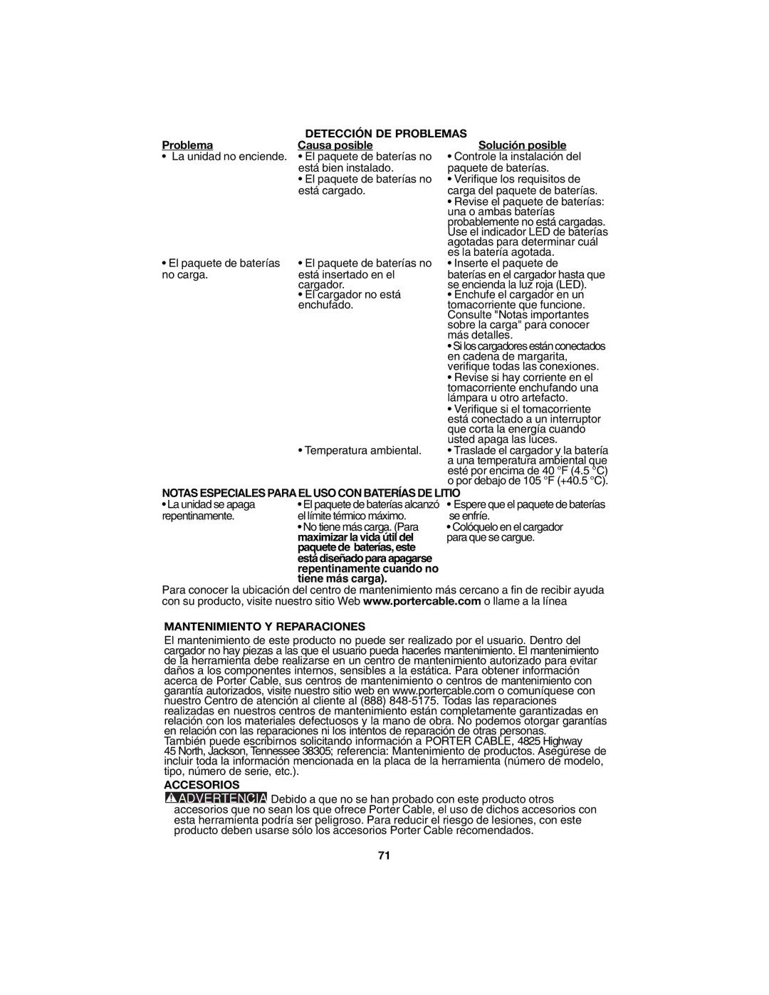 Porter-Cable PC1800AG instruction manual Detección DE Problemas, Notas Especiales Paraeluso CON Baterías DE Litio 