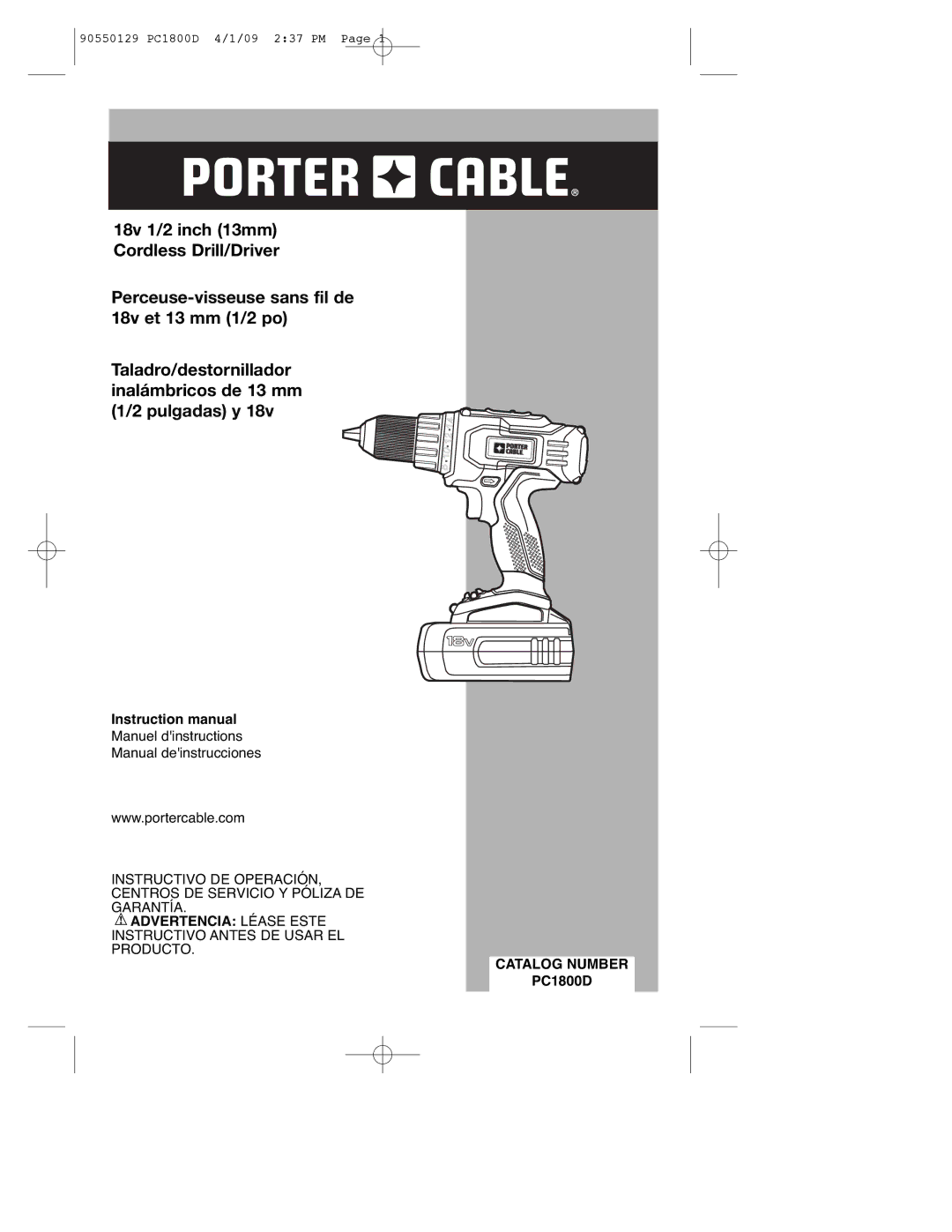 Porter-Cable 8101214, PC1800D, 90550129 instruction manual Advertencia Léase Este, Catalog Number 