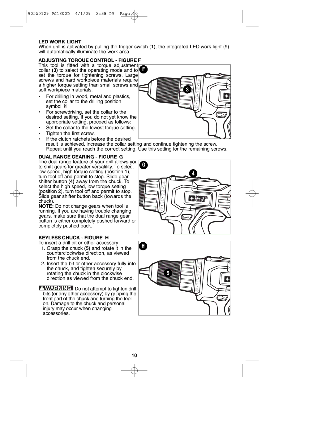 Porter-Cable 8101214, PC1800D, 90550129 LED Work Light, Dual Range Gearing Figure G, Keyless Chuck Figure H 