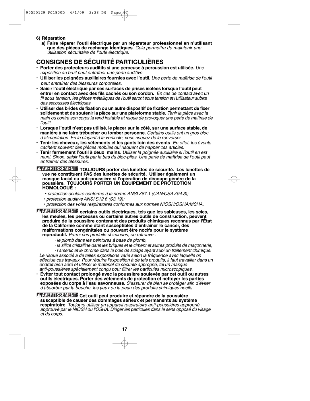 Porter-Cable 90550129, PC1800D, 8101214 instruction manual Consignes DE Sécurité Particulières 