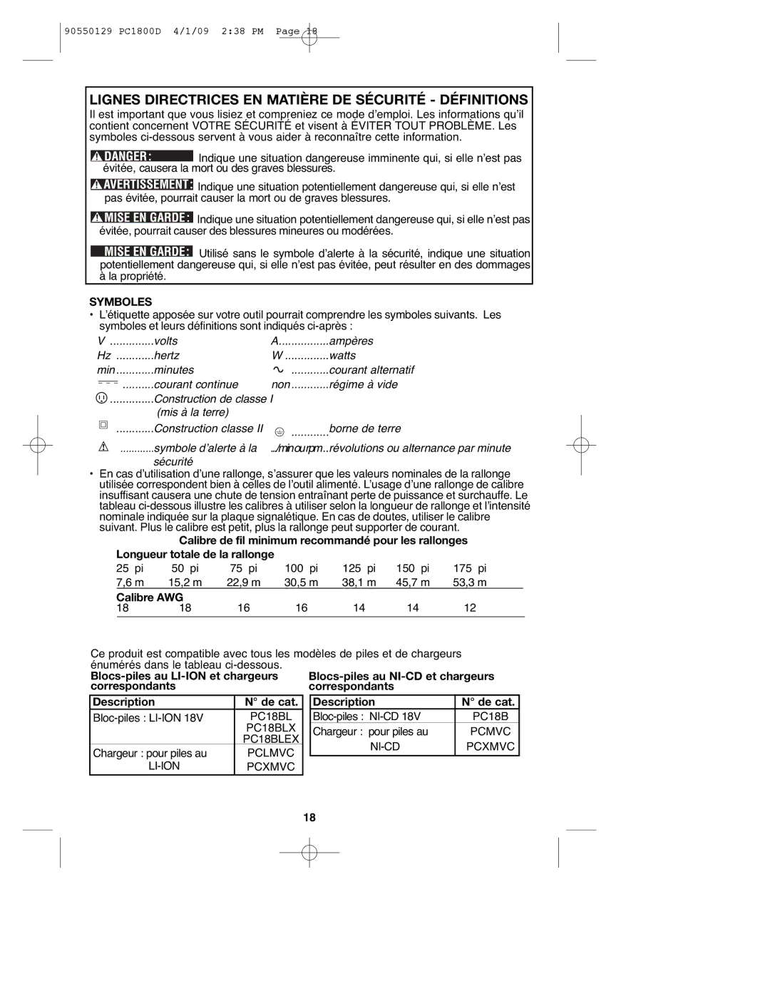 Porter-Cable PC1800D, 8101214, 90550129 instruction manual Lignes Directrices EN Matière DE Sécurité Définitions, Symboles 