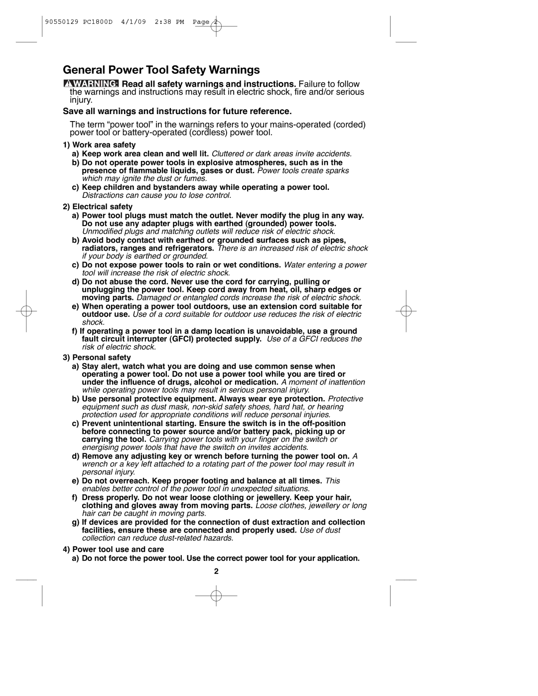 Porter-Cable 90550129, PC1800D, 8101214 instruction manual General Power Tool Safety Warnings 