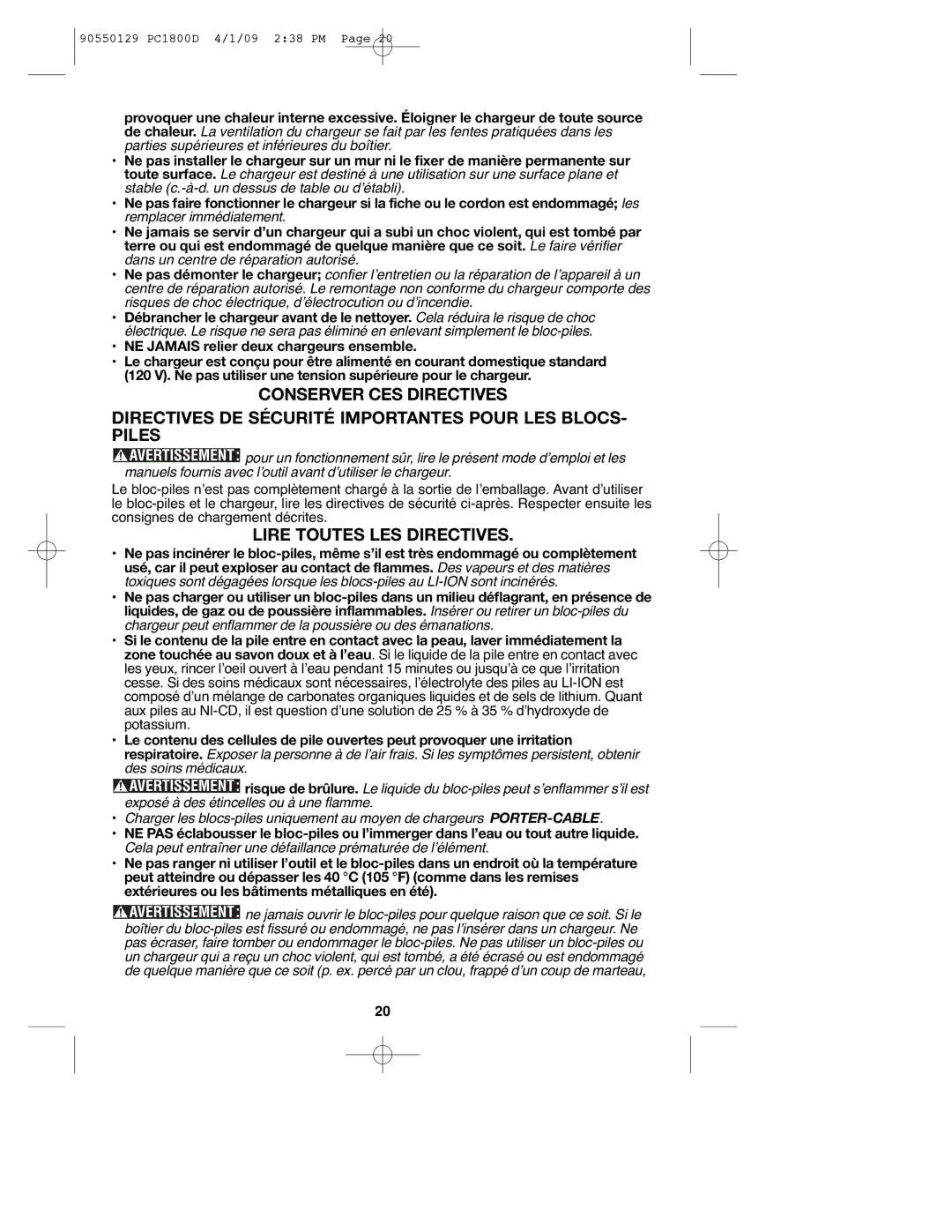 Porter-Cable 90550129, PC1800D, 8101214 instruction manual Lire Toutes LES Directives 