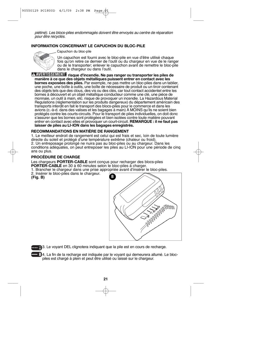 Porter-Cable PC1800D, 8101214 Information Concernant LE Capuchon DU BLOC-PILE, Recommandations EN Matière DE Rangement 