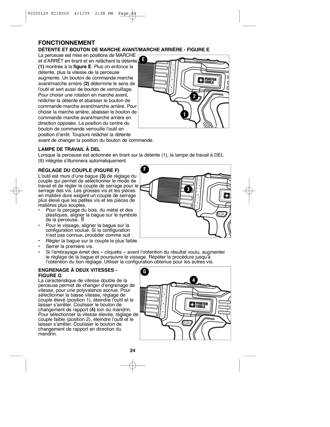 Porter-Cable PC1800D Fonctionnement, Détente ET Bouton DE Marche AVANT/MARCHE Arrière Figure E, Lampe DE Travail À DEL 