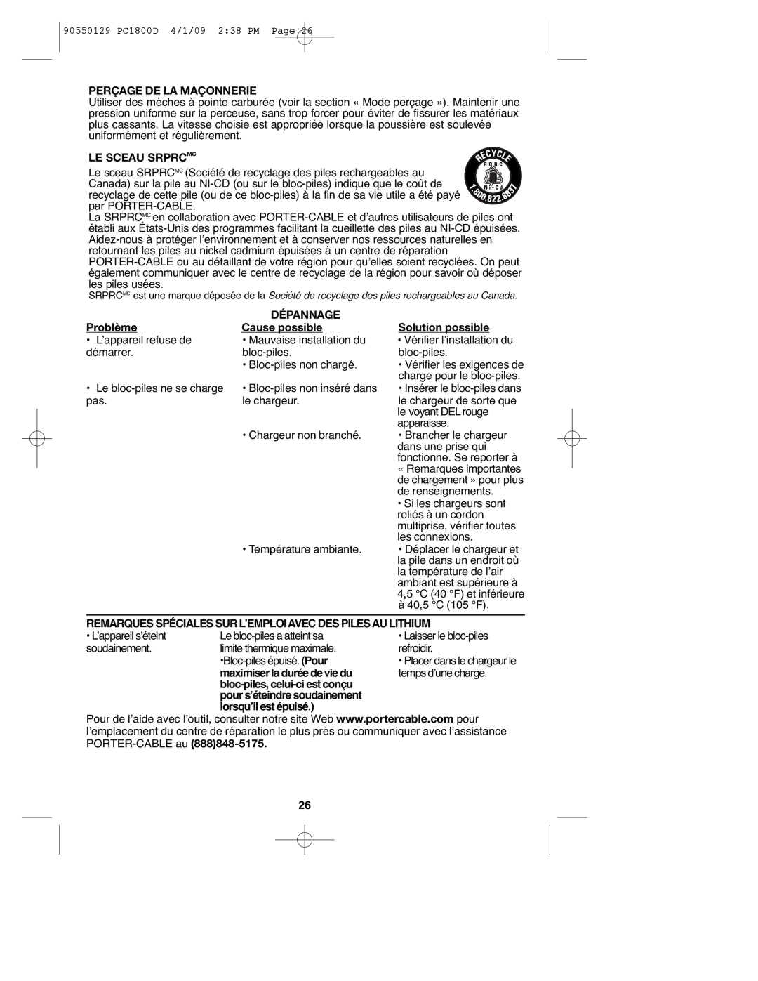 Porter-Cable 90550129, PC1800D, 8101214 instruction manual Perçage DE LA Maçonnerie, LE Sceau Srprcmc, Dépannage 