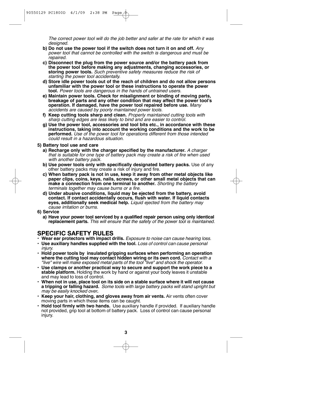 Porter-Cable PC1800D, 8101214, 90550129 instruction manual Specific Safety Rules 