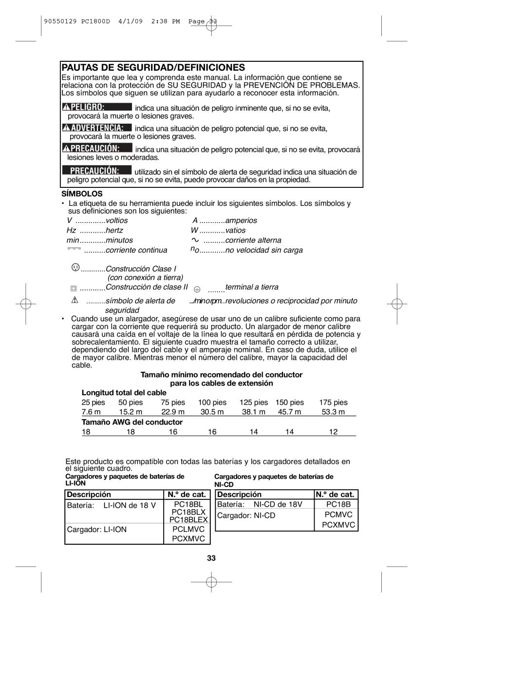 Porter-Cable PC1800D, 8101214, 90550129 instruction manual Pautas DE SEGURIDAD/DEFINICIONES, Símbolos 