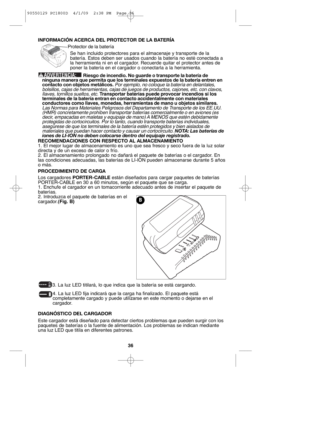 Porter-Cable PC1800D Información Acerca DEL Protector DE LA Batería, Recomendaciones CON Respecto AL Almacenamiento 