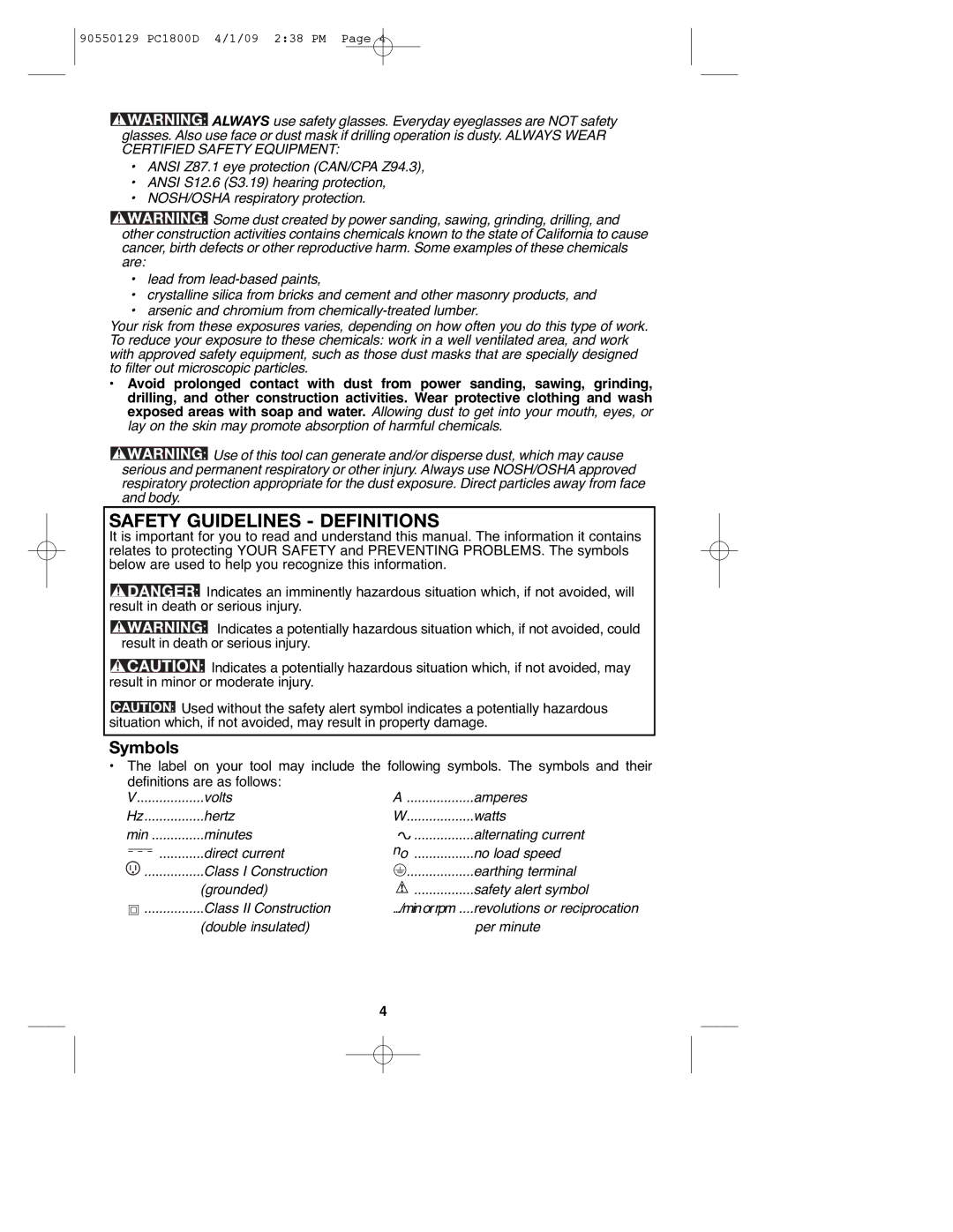 Porter-Cable 8101214, PC1800D, 90550129 instruction manual Safety Guidelines Definitions 