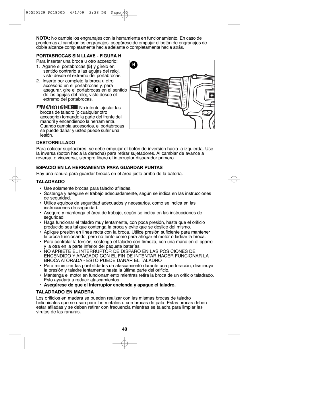 Porter-Cable 8101214, PC1800D Portabrocas SIN Llave Figura H, Destornillado, Espacio EN LA Herramienta Para Guardar Puntas 