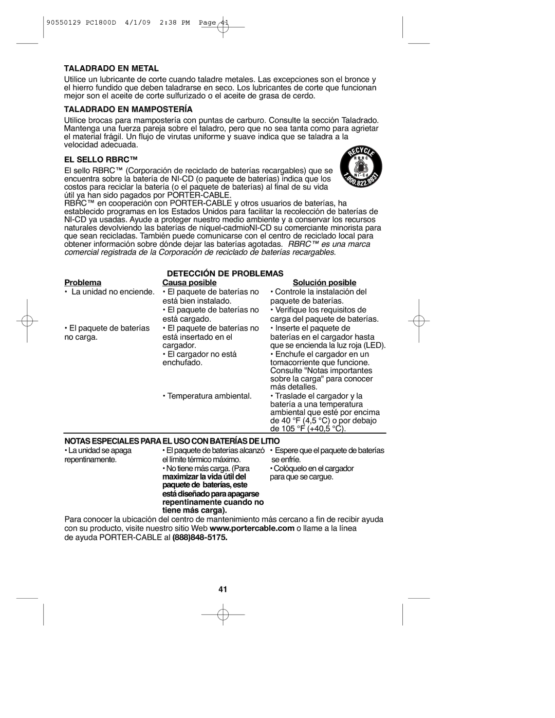 Porter-Cable 90550129, PC1800D, 8101214 Taladrado EN Metal, Taladrado EN Mampostería, EL Sello Rbrc, Detección DE Problemas 