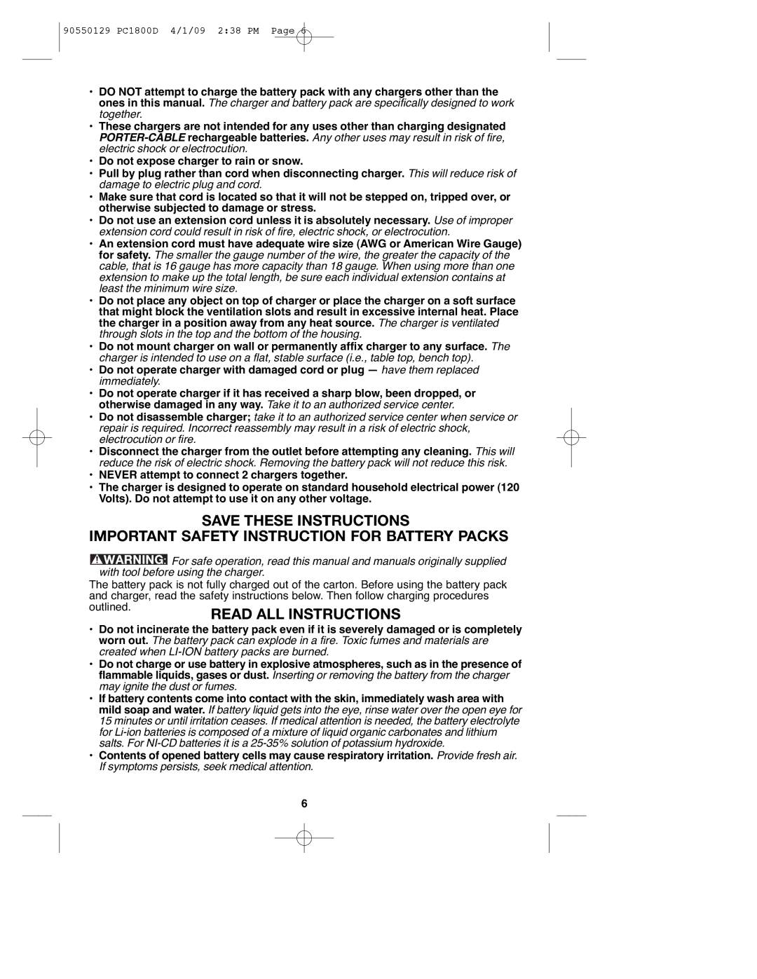 Porter-Cable PC1800D, 8101214, 90550129 instruction manual Important Safety Instruction for Battery Packs 