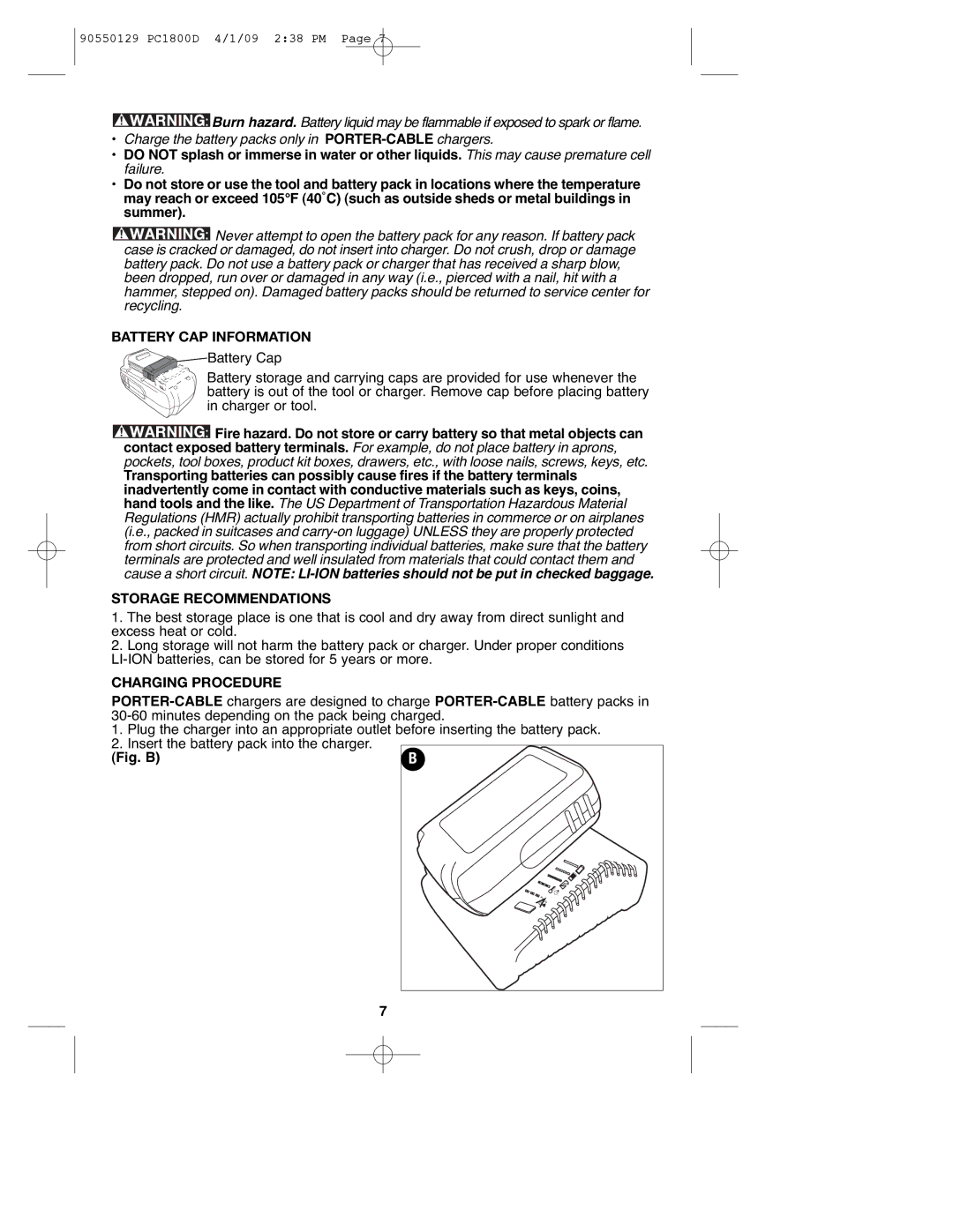 Porter-Cable 8101214, PC1800D, 90550129 Battery CAP Information, Storage Recommendations, Charging Procedure 