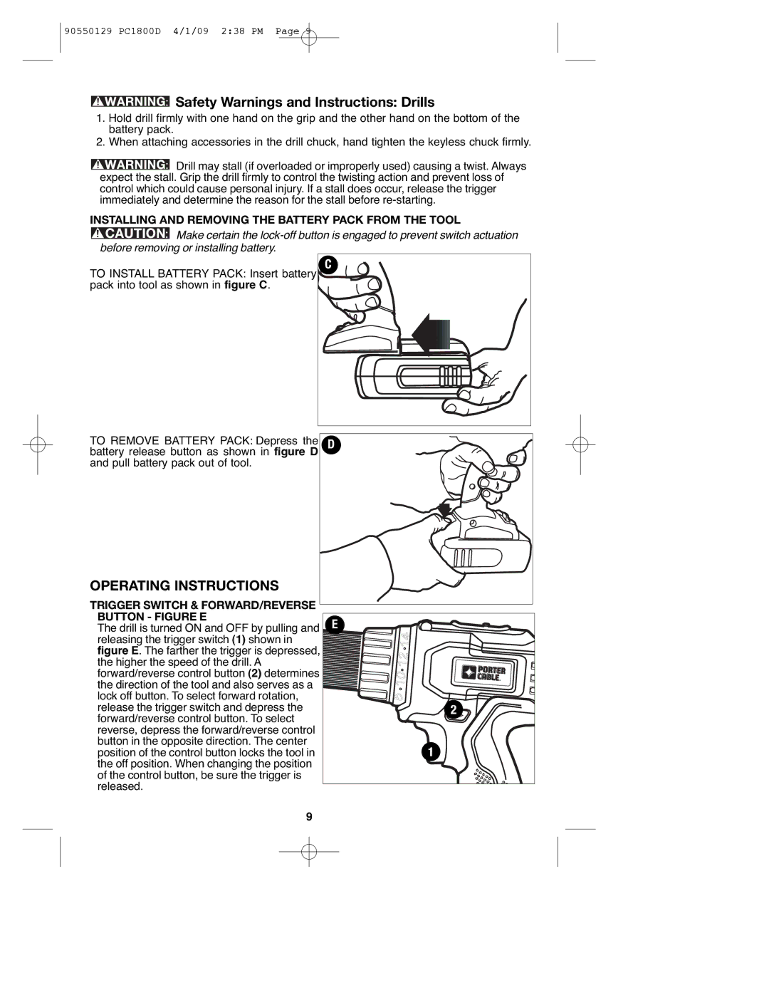 Porter-Cable PC1800D, 8101214, 90550129 Operating Instructions, Installing and Removing the Battery Pack from the Tool 